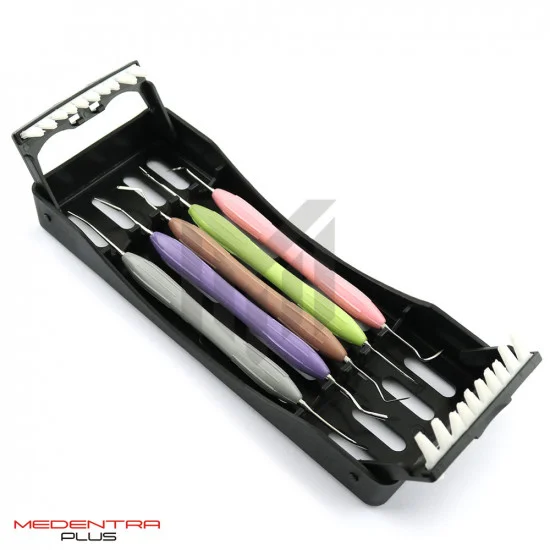 Set Of Composite Filling Instruments For Dental Treatment And Plastic Box With Cotton Tampons Medical Tools In Stainless Steel Tray 2aw6g29